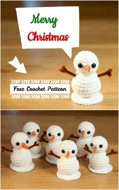 crocheted snowmen are shown with the words merry christmas written above them and below