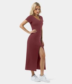 Women's Everyday V Neck Button Split Ribbed Knit Midi Chill Dress. Polyester, Polyester-30%, Rayon, Rayon-65%, Spandex, Spandex-5%. Button Front, Ribbed, Split-Hem. Machine wash cold. Do not dry clean. Do not iron. Do not bleach. Wash with like colors. Turn garment inside out. Pencil. Short Sleeve. V-Neck. Length Maxi. Plain. Casual, Cute, Sexy. Chill Dress, Slip Dress Beach, Split Hem Dress, Burgundy Shorts, Knit V Neck, Dress Beach, Bleach Wash, Trends 2024, Knit Midi