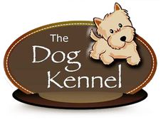 the dog kennel sign has a small white dog on it's back end