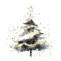 a watercolor painting of a christmas tree with gold stars on it's top