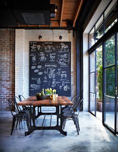 a table with chairs and a chalkboard on it