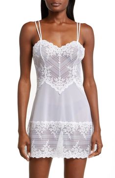 Wacoal 'Embrace' Lace & Mesh Chemise | Nordstrom Lace Coquette Camisole, Fitted Delicate Lace Camisole In Coquette Style, Delicate Straps Fitted Camisole For Wedding, Fitted Camisole With Delicate Straps For Wedding, Sleeveless Lace Chemise For Party, Fitted Wedding Camisole With Delicate Straps, Wedding Night Delicate Lace Camisole Chemise, Wedding Night Coquette Camisole With Delicate Lace, Coquette Lace Trim Camisole Chemise