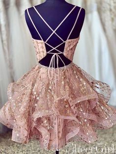 Pink Deep V-neck Homecoming Dress Rhinestone Short Prom Dress ARD2424-SheerGirl Mini Outfits, Gold Homecoming Dress, Grown Dress, Midi Outfits, Homecoming Dresses Sparkly, Outfits College, Dresses Graduation, Mini Prom Dresses, Mini Homecoming Dresses