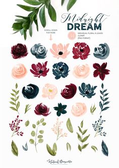 an illustration of flowers and leaves with the words, floral dream on it's side