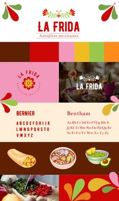 the menu for la frida is shown in red, green and yellow colors with different lettering