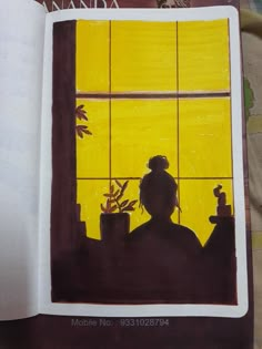 an open notebook with a drawing of a person looking out the window at plants in pots