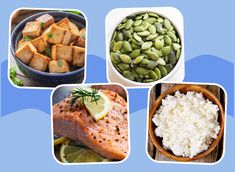 there are four different foods in the pictures, one is salmon and other has rice