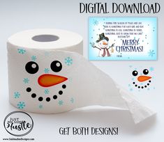 a toilet paper roll with a snowman face on it next to a christmas card