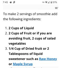 the instructions for how to make 2 servings of smoothie add the following ingredients