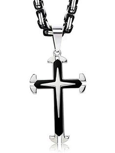 Make a bold statement of faith and style with our Stainless Steel Men's Cross Necklace Pendant. This striking pendant features a classic cross design suspended from a Byzantine chain necklace in black with gold accents. Available in various lengths from 22 to 30 inches and with a width of 5mm, this necklace offers versatility to suit any preference. Crafted from durable stainless steel, both the pendant and chain are built to withstand daily wear. Whether worn as a symbol of faith or a fashion statement, this cross pendant exudes strength and spirituality.     Material: Stainless Steel, High Polished   Pendant Size: 32mm*54mm, Sturdy and Strong     Cool Masculine Double Layer Gold-tone and Black Cross Pendant, Holy and Trendy.     4mm Wide Byzantine Chain with 24 Inch    Bold Cross Pendant Black Metal Cross Necklace, Black Metal Crucifix Necklace, Black Metal Crucifix Cross Necklace, Black Metal Crucifix Jewelry, Black Stainless Steel Crucifix Necklace, Men Cross Necklace, Statement Of Faith, Dolphin Bracelet, Dragon Star