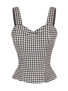 Betty Sun Top Black and White Gingham from Vivien of Holloway Chic Gingham Tops For The Beach, Fitted Sleeveless Top For Picnic, Chic Plaid Tops For Beach, Chic Plaid Tops For The Beach, Fitted Tops For Summer Picnic, Fitted Tops For Summer Picnics, Fitted Retro Tops For Picnic, Retro Fitted Tops For Picnic, Retro Fitted Gingham Tops