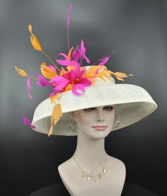 "IF YOU LIKE THE DESIGN, JUST WANT TO ADD SOME COLORS TO MATCH YOUR DRESS, PLEASE FEEL FREE TO CONTACT ME, I WILL HELP YOU.   100% Sinamay The hat is decorated with 100% feather flower. Very beautiful！ Ultra Light & comfortable to wear Head girth is from 21' to 22.75 \" adjustable size fits most with an adjustable cord strap for the smaller fit This is a gorgeous, very beautiful hat. Great for Kentucky Derby, Church, Wedding, Tea Party or another special event. If you want to add different color Cream Wide Brim Costume Hat, Fitted Cream Wide Brim Costume Hat, Fitted Beige Boater Hat For Kentucky Derby, White Sinamay Mini Hats For Spring, White Flat Brim Fascinator For Summer, White Flat Brim Summer Fascinator, Spring White Mini Hats In Sinamay, Elegant Multicolor Wide Brim Hat, Spring White Sinamay Mini Hats