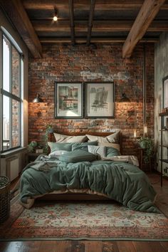 a bedroom with brick walls, wooden floors and a large bed in the middle of it