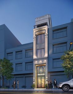 an artist's rendering of a building with people standing in front of it at night