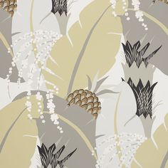 a wallpaper pattern with pine cones and leaves on grey, yellow and white background