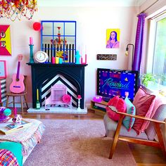 a living room filled with lots of furniture and colorful decorations on the wall above a fire place