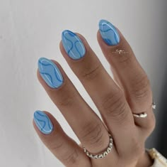 Wavy Line Nails, Beach Nails Blue, Cute Blue Nail Ideas, Simple Beach Nails, Blue Beach Nails, Checkered Nails, Cute Simple Nails, Simple Gel Nails, Summery Nails