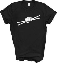 Drummer Sticks Hand T-Shirt, Drummer Gift, Drum Sticks Flag Tee, Gift For Drummer, Rock Music Shirt, Drum Sweater, Drummer Shirt, Drum Shirt Welcome to my store! I will help you to have a good shopping experience as much as I can. If you have any request (design customization, more size and color options) please feel free to message me. I will reply as soon as possible. I have listed some information to help you below:  HOW TO ORDER  * Please, Check and Review all Photos. * Select Your T-Shirt C Rock Style Crew Neck T-shirt With Screen Print, Rock And Roll Graphic Design Short Sleeve Tops, Rock Style Graphic Design Short Sleeve T-shirt, Rock Style Crew Neck Top With Screen Print, White Short Sleeve Rocker Tops, Unisex Rocker Style Crew Neck T-shirt, Unisex Music-themed Tops With Screen Print, Unisex Music-themed Screen Print Top, Rock Style Cotton Crew Neck Shirt