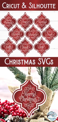 the christmas svg bundle is shown in red and white, with pine cones around it