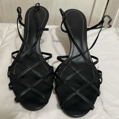 Nwt Size: 8.5 Color: Black No Box Made In Portugal 100% Leather (Upper, Lining, And Sole) Heel: 3” Black Sandals With 4-inch Open Heel, Black Round Toe Sandals For Evening, Black Closed Toe Formal Sandals, Black Formal Sandals With Open Heel, Formal Black Sandals With Heel Strap, Black Low Heel Formal Sandals, Black Open Toe Formal Sandals, Formal Black Low Heel Sandals, Formal Black Sandals With Reinforced Heel