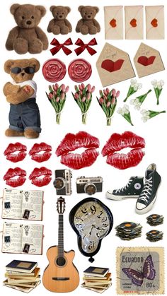 an assortment of items that include a teddy bear, books, flowers and other things