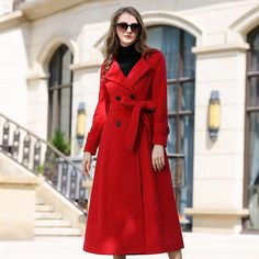 This red double-breasted coat is a must-have for any woman's wardrobe. Made with a luxurious wool blend, it offers both warmth and style. The removable waist belt adds a flattering touch, making this long coat a versatile and practical choice for any occasion. ●Double-breasted button closure●Notched collar ●Lined ●Front welt pockets ●Removable tie belt ●40% wool and 60% polyester ●Dry clean ★★Please inform your height, weight and bust. Your clothes need me to spend 3-5 days to cut and sew. Pleas Red Winter Coat, Clothing Studio, Long Wool Coat, Original Clothes, How To Wear Scarves, Wool Blend Coat, Woolen Coat, Double Breasted Coat, Cashmere Coat