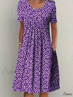 Eromis - Exquisite Full Print Ruched Dress: Versatile Casual Crew Neck Short Sleeve Dress for Womens Fashion Dresses Formal Elegant, Stitch Fix Stylist, Weekend Style, Short Sleeve Dress, Ruched Dress, Travel Outfit, Long Length, Casual Dresses For Women, Sleeve Dress