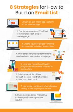 an email list with the text 8 stages for how to build an email list