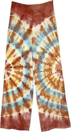 An everyday casual bohemian summer pants in a colorful tie-dye blast on a brown base.  These luxuriously soft and stretchy mid-weight pants made with soft flowy rayon have a hippie bohemian vibe and are comfortable for casual summer wear. #tlb #SplitSkirtsPants #Yoga #vacationclothing #beachwrap #TieDye #bohemianfashion #TieDyePants #BeachPants #SummerPants #BohemianPants Bohemian Brown Bottoms For Vacation, Hippie Style Brown Bottoms For Festival, Brown Hippie Bottoms For Festival, Hippie Style Brown Festival Bottoms, Bohemian Brown Bottoms For Summer, Brown Bohemian Pants For Festival, Bohemian Style Brown Pants For Vacation, Bohemian Brown Pants For Festival, Bohemian Brown Pants For Vacation