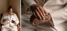 a man in a white suit is holding his wedding ring and looking at the camera