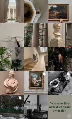 there are many different pictures in this collage that include paintings, vases and sculptures