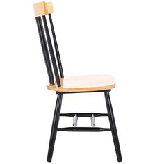 a wooden chair with black legs on a white background