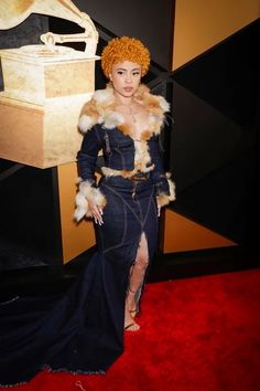 a woman in a black dress and fur collar standing on a red carpet at an event