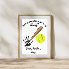 a baseball bat, glove and ball with happy mother's day message