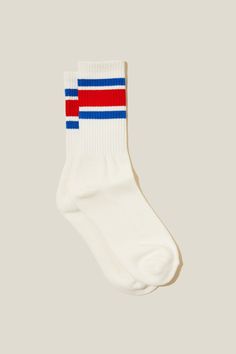 There's a huge selection of colors available in our active socks range. They sit at calf height with a stretch rib knit upper and comfy contoured padded sole.

Features:  
- comfortable stretch rib- One Size Fits Most- Calf length sock White Casual Socks With Three Stripes, Casual White Socks With Three Stripes, Cargo Jacket, Relaxed Jeans, Festival Looks, Navy Gold, Mom Shorts, Cotton On, Denim Shop