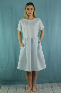 "Spring dress, Handmade pure linen dress Made to order Handmade white blue strips linen dress with short sleeves and 2 pockets , perfect for casual wear and suitable for any occasion in any season Details: - 100% natural linen produced in Europe ; - medium weight (180 gram per square meter); - color: white blue strips, could be any from our colors catalog (color samples at the photo); Made to order, approximately a few days, If you have any questions please message me and I will be glad to answe Short Sleeve Linen Dress With Pockets For Daywear, White Midi Dress With Pockets And Short Sleeves, White Dress With Side Pockets, White Dresses With Side Pockets, Relaxed Fit Sundress With Short Sleeves, White Relaxed Fit Dress With Pockets, Relaxed Fit Short Sleeve Sundress, Summer A-line Dresses With Side Pockets, Beach Dress With Side Pockets And Short Sleeves