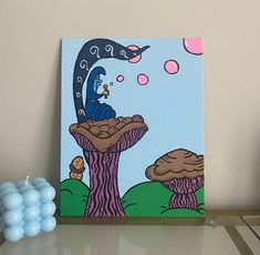 an acrylic painting of a blue bird sitting on top of a mushroom