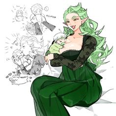 a drawing of a woman with green hair holding a baby