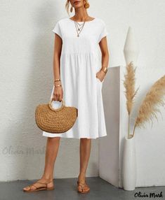 Olivia Mark - Fashionable Cotton Linen Round Neck Printed Maxi Dress White Embroidered Dress, Fitted Maxi Dress, Flowy Design, Wrap Around Dress, Evening Gowns Elegant, Loose Fitting Dresses, Crewneck Dress, Elegant Dresses Long, Patchwork Dress