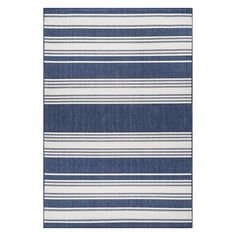 a blue and white striped rug