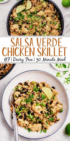 salsa verde chicken skillet with limes and cilantro on the side in a white bowl