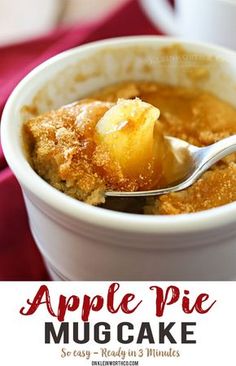 apple pie mug cake in a white bowl with a spoon