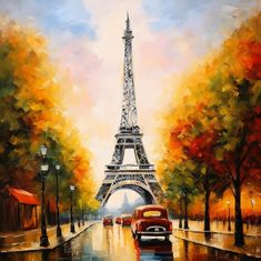 an oil painting of the eiffel tower in paris, france with red car