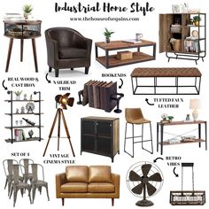 an assortment of industrial style furniture and decor items with text overlay that says industrial home style