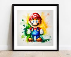 a watercolor painting of mario in front of a white wall with a black frame