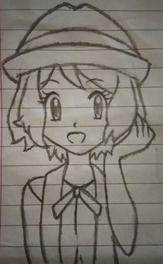 a drawing of a girl wearing a hat and holding her hand up to her face