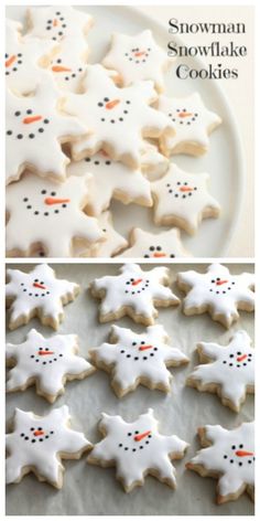 snowman and snowflake cookies on a white plate with the words, how to make