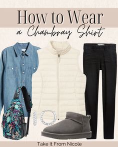 Chambray shirt with puffer vest outfit Black Jeggings Outfit, Outfit Ideas For Midsize, Outfit Ideas For Midsize Women, Olive Jeans Outfit, Chambray Shirt Outfit, Midsize Women, Chambray Shirt Outfits, Jeggings Outfit, Shirt Outfit Ideas