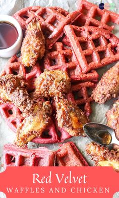 red velvet waffles and chicken with dipping sauce