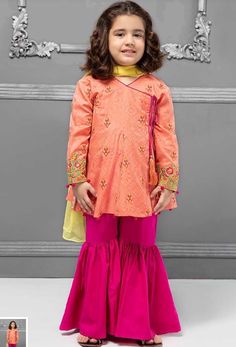 Kids Angrakha Gharara in Pink And Shokin Pink Color.Work Embalished With Multi Threads Embroidery on Full Shirt And Sleeves. 1.%100 Accurate Measurement & Fitting.(Please Ask Us Your exact measurement)2.All Dresses are Manufactured designs/Cutting/stitching Under The Supervision of Our Qualified designers.3.We Deliver On Time.4.Made with High Quality Fabric & stitching With overclock & Beautiful hamming as per customer's Selected Fabric.5.You Can Consult With Our Top Designers about Sharara Design, Sharara Dress, Baby Frock Design, Sharara Designs, Baby Summer Dresses, Dresses Fancy, Baby Frock Pattern